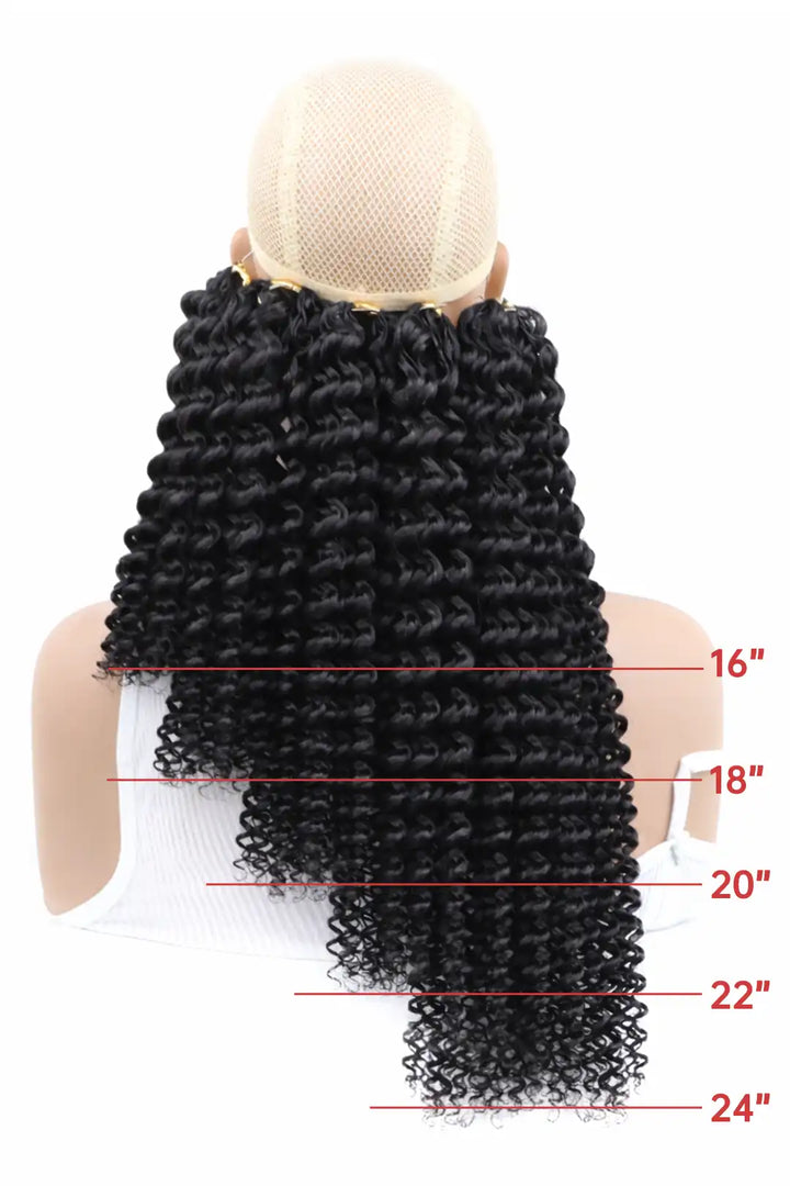 Size comparison image of feather crochet hair extension water wave human hair