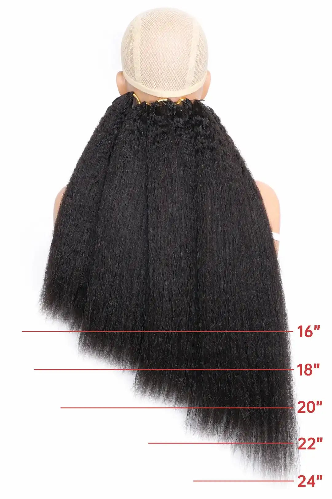 Size comparison image of kinky straight feather crochet hair extension human hair