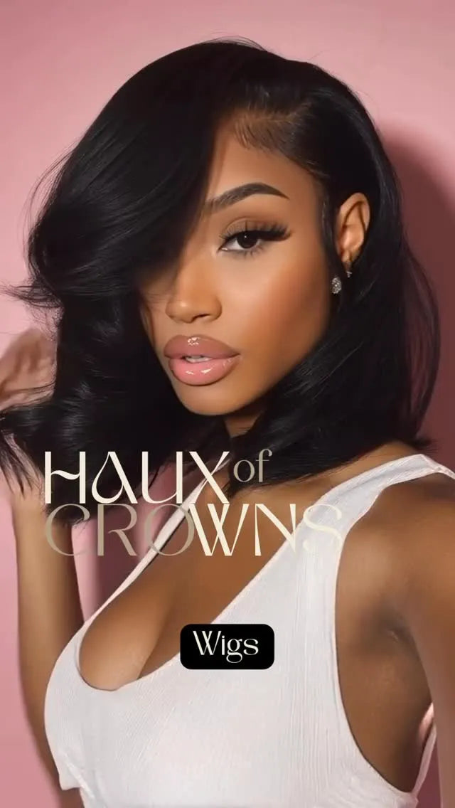 Shoulder-length black bob wig with a deep side part, smooth finish, and curled ends, hairstylist located in Clinton, MD