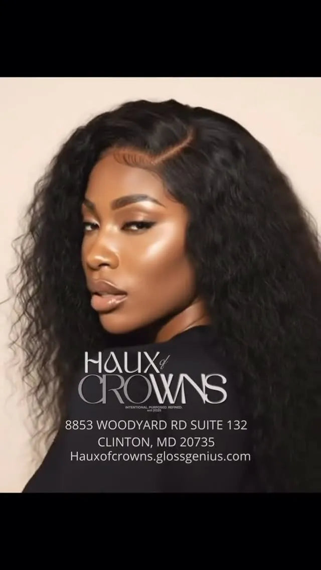 Long black deep-wave wig with a defined side part and natural-looking hairline, hairstylist located in Clinton, MD