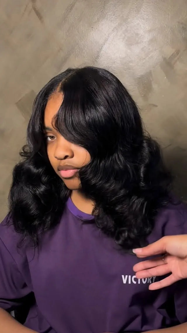 Side part body wave sew-in hairstyle, hairstylist in Dallas, TX