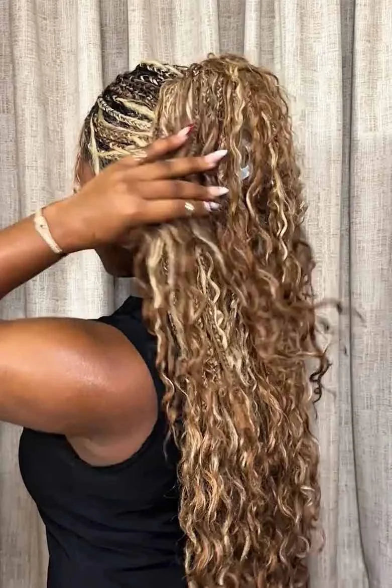 Tiktok influencer babynhyiraa shows the braiding process of 27/30/613 piano color deep wave bulk hair