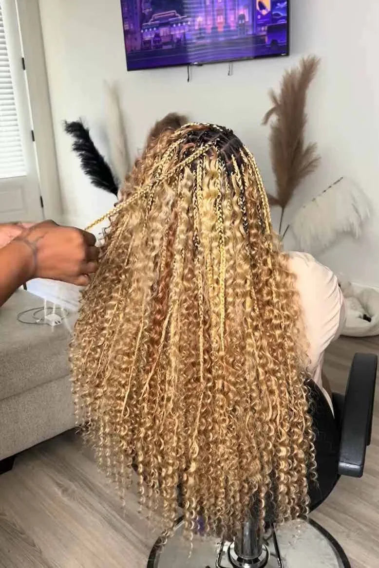 Tiktok influencer braidwinners__llc shows the braiding process of 27/30/613 piano color deep wave bulk hair