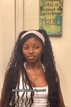 Tiktok influencer longhairbrownskin shows the braiding process of spanish curly braiding feather crochet hair