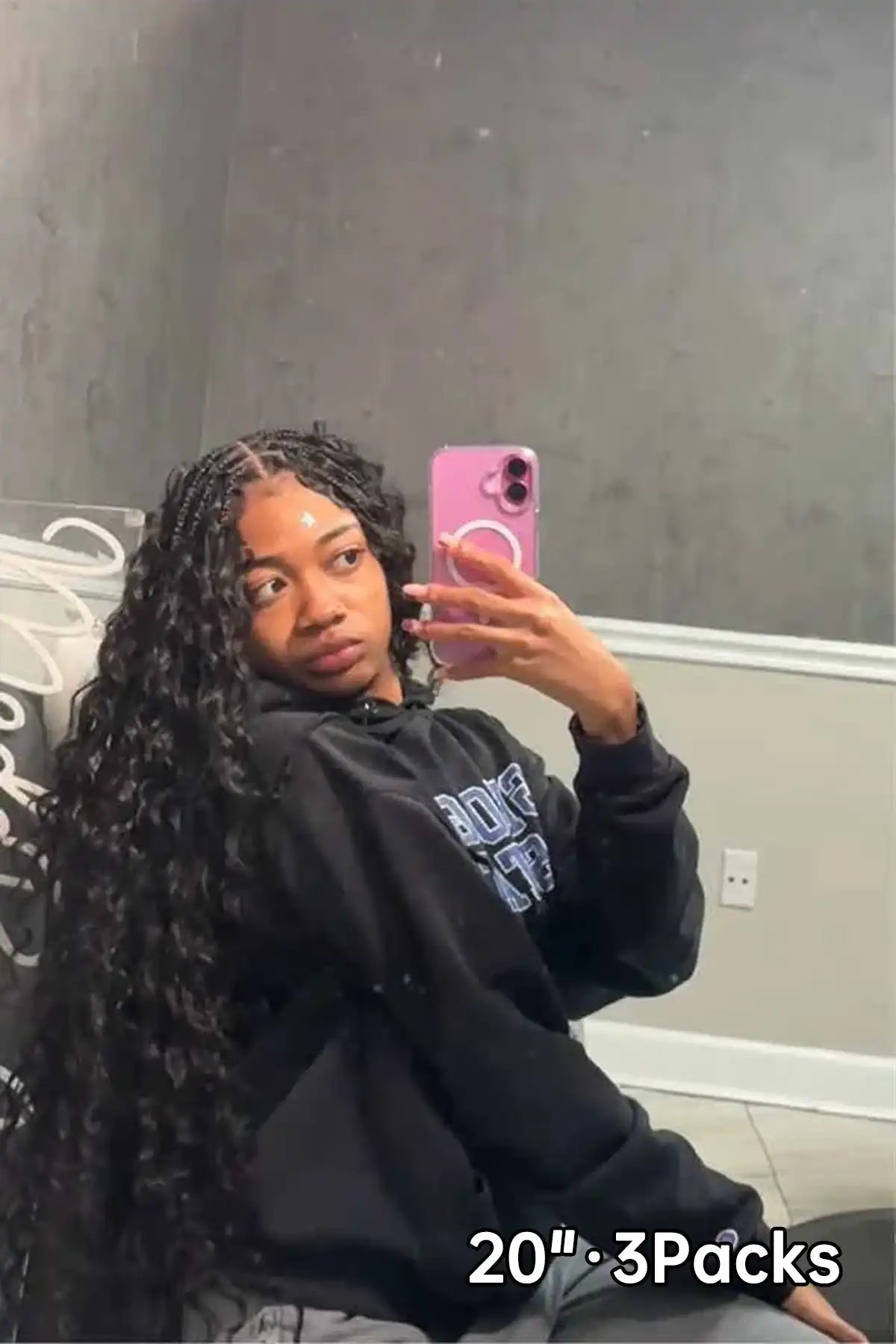 Tiktok influencer madeby_mani shows the braiding process of dark brown loose wave bulk hair