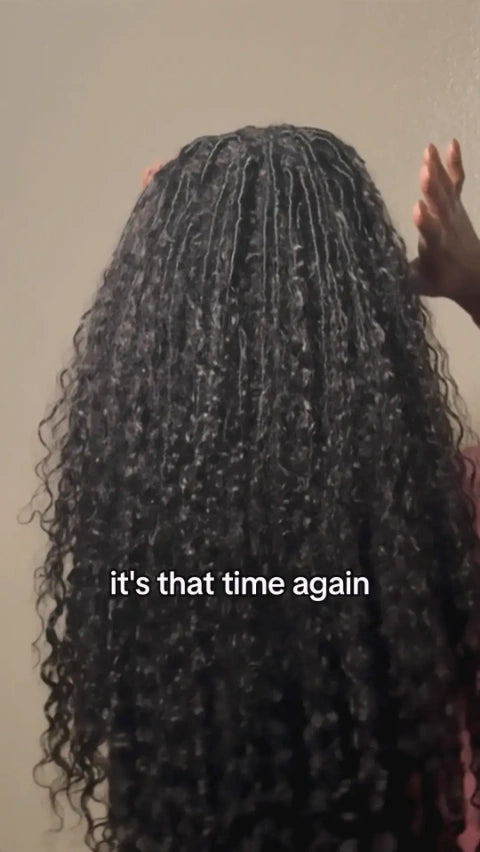 Tiktok influencer sapphiredelight showing the braiding process of Crochet Faux Locs Braids with Human Hair Curls Deep Wave Pre-Looped