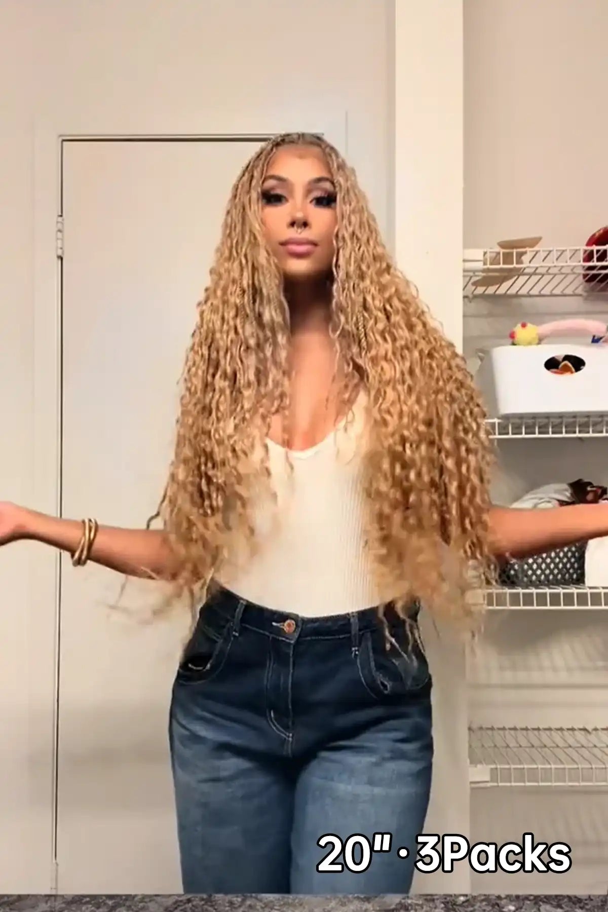 Tiktok influencer thenativeflora shows the braiding process of deep wave medium blonde bulk hair