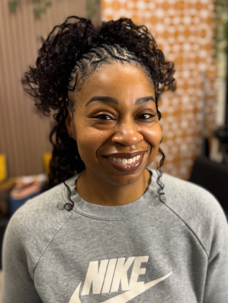 Fulani braids with curly crochet install, hairstylist in Greensboro, NC