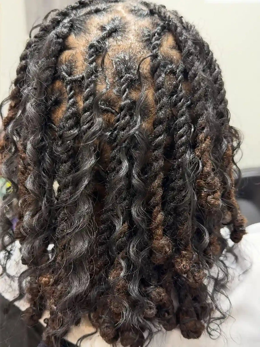 Boho locs with loose curls and brown ombre ends, Stylist located in Voorhees, NJ