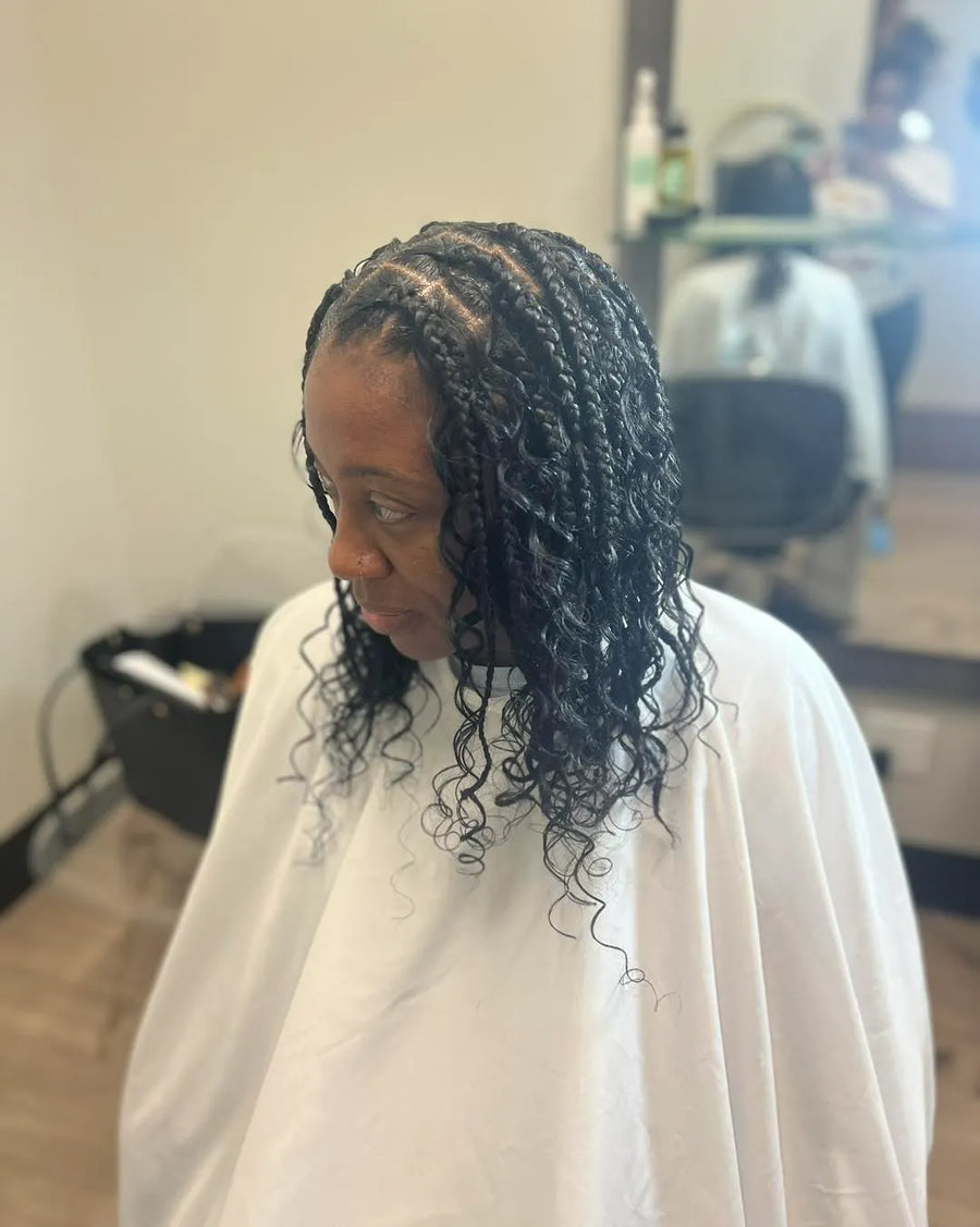 Short boho knotless braids with curly ends, Stylist located in Voorhees, NJ