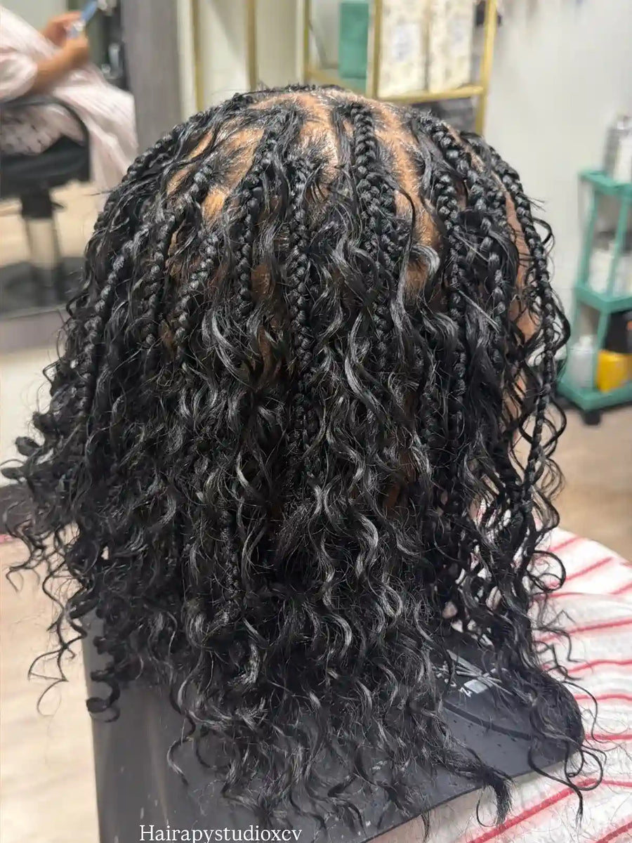 Shoulder length boho knotless braids with loose curls, Stylist located in Voorhees, NJ