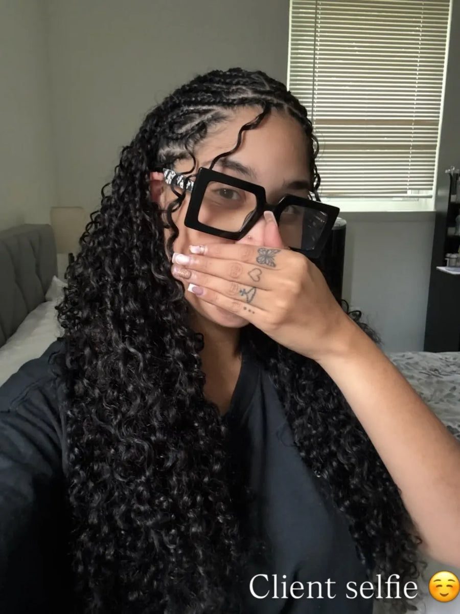 Side part boho braids with loose curly strands, Stylist located in Voorhees, NJ