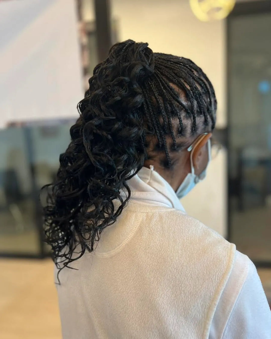 Feed in braids into a curly ponytail, Stylist located in Voorhees, NJ