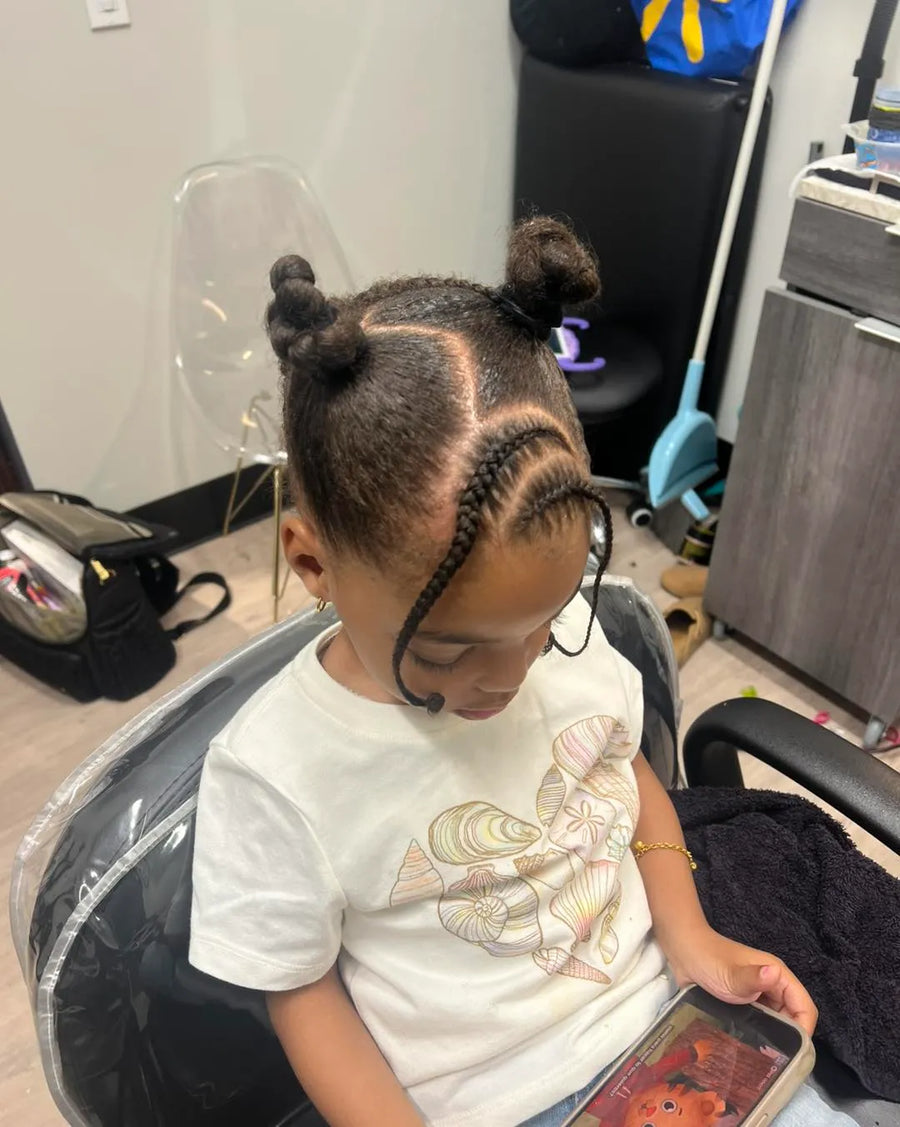 Kids braided double buns with curved cornrow design, Stylist located in Voorhees, NJ