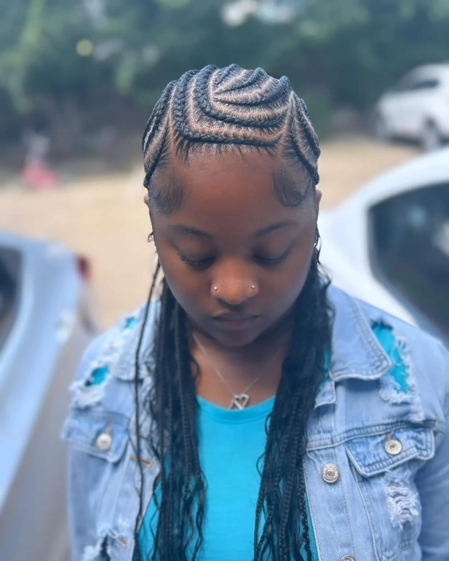 Feed-in stitch braids with geometric scalp design and sleek edges, hairstylist in College Station, TX