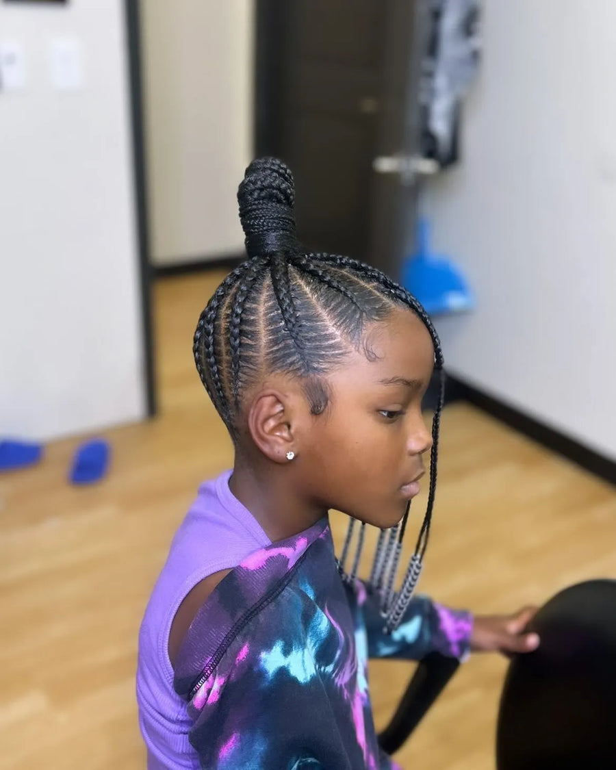Feed-in braids with long side ponytail and neat parting, hairstylist in College Station, TX