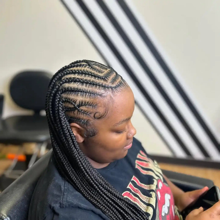 Feed-in stitch braids with curved side design and long braids, hairstylist in College Station, TX