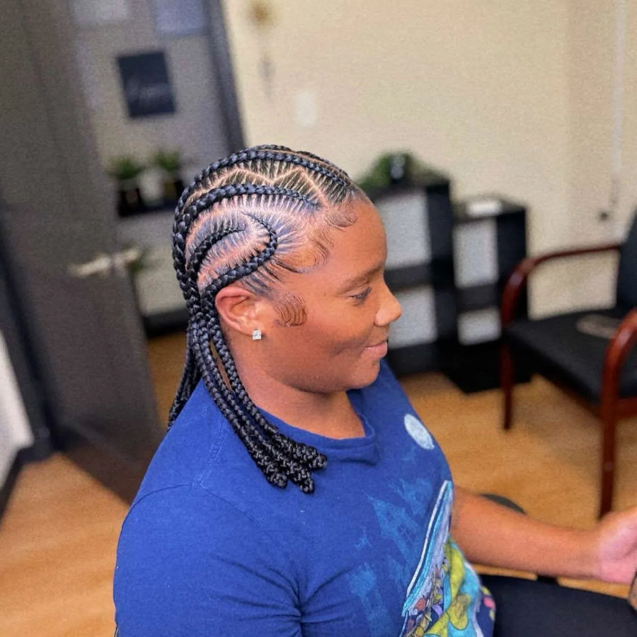 Feed-in stitch braids with curved side design and sleek edges, hairstylist in College Station, TX