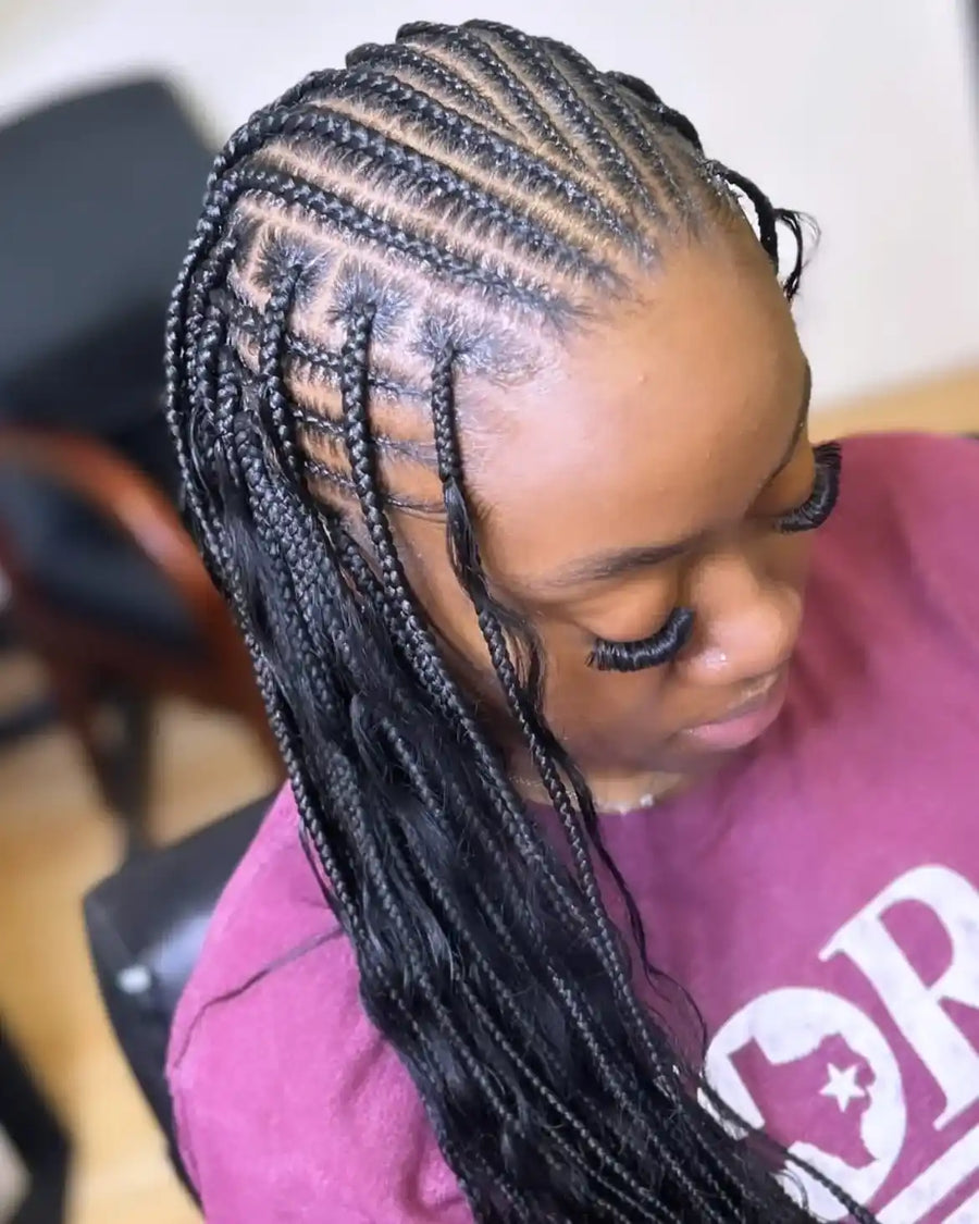 Side feed-in braids with scalp design and long black braids, hairstylist in College Station, TX