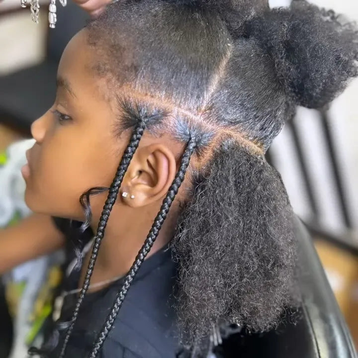 Kids natural hair sectioning with starter braid parting, hairstylist in College Station, TX