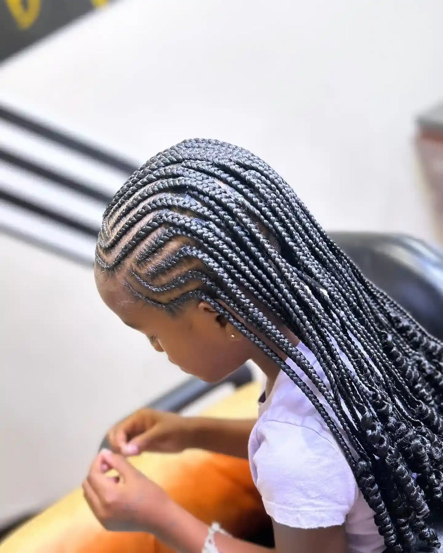 Kids feed-in braids with long braided style, hairstylist in College Station, TX