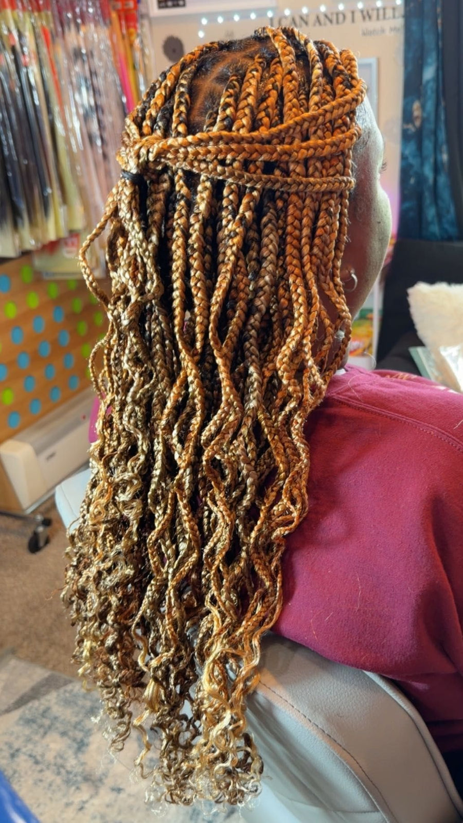 Blonde and brown boho box braids with curly ends and half-up styling, hairstylist in Texas City, TX