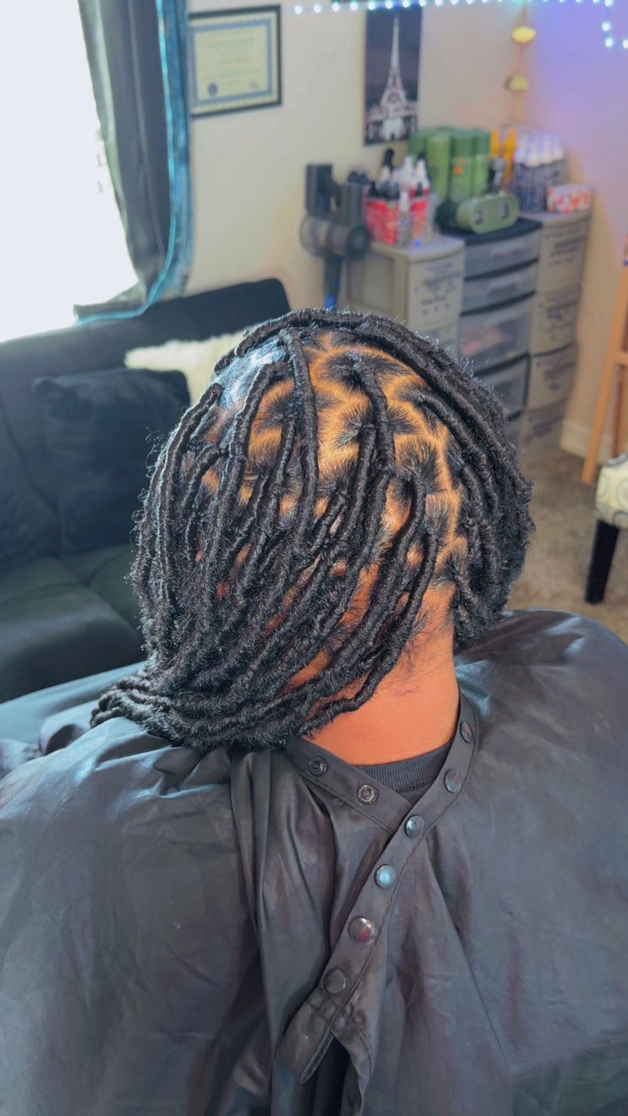 Short starter locs with clean diamond parting, hairstylist in Texas City, TX