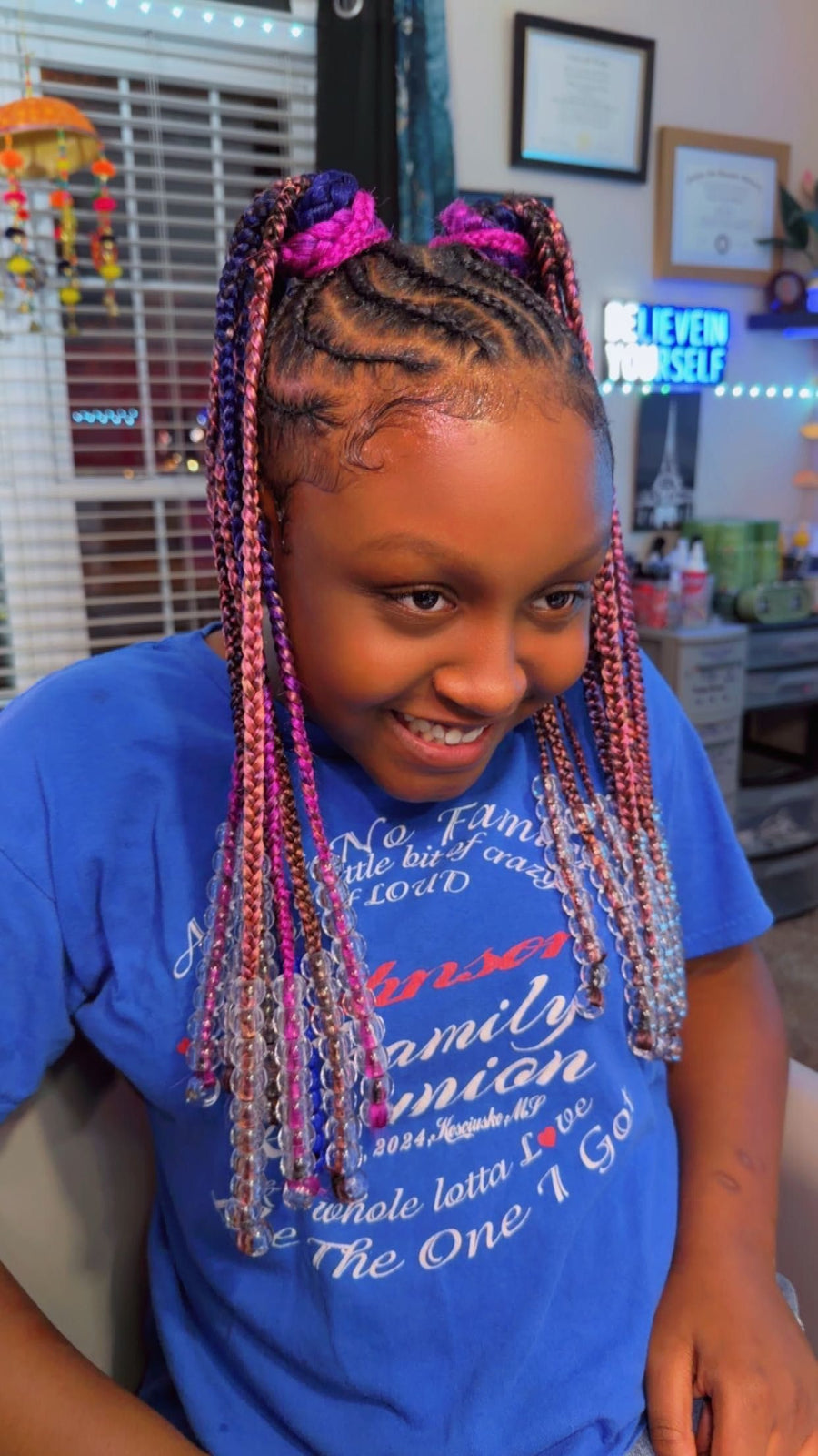 Kids double ponytail braids with pink and purple accents and clear beads, hairstylist in Texas City, TX