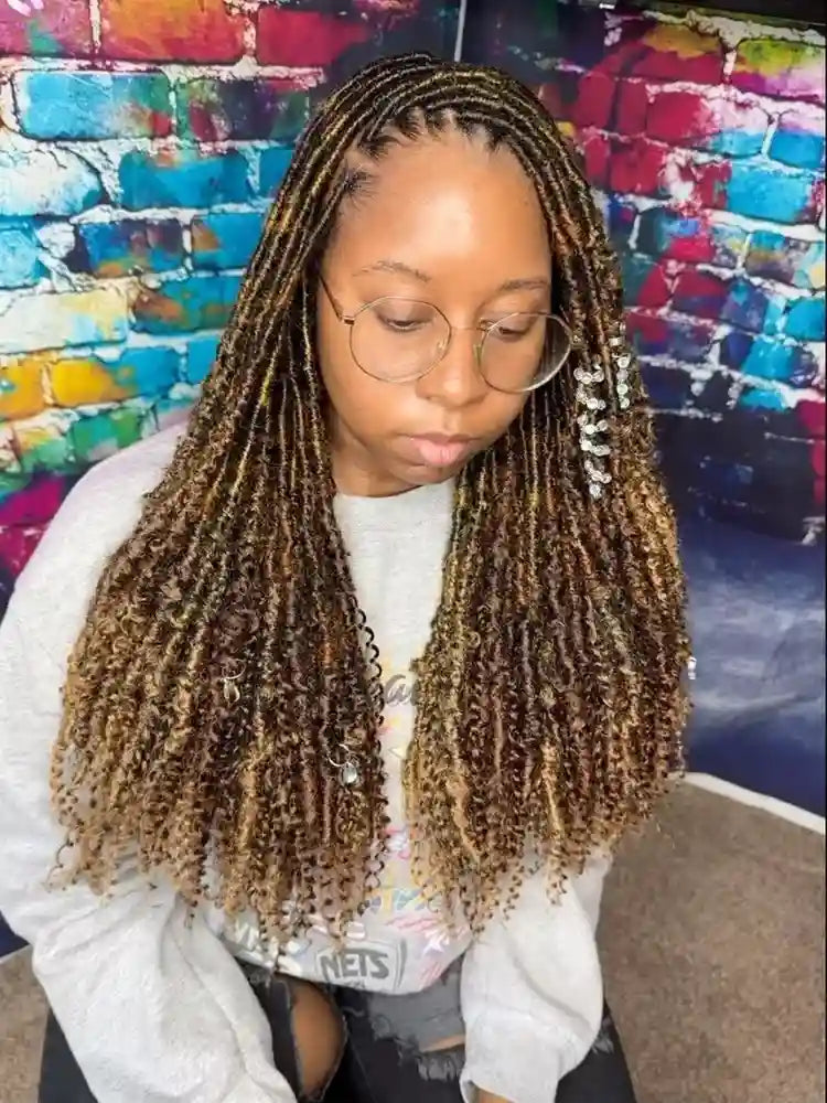Small boho braids with curly ends and highlighted color, hairstylist in Norfolk, VA