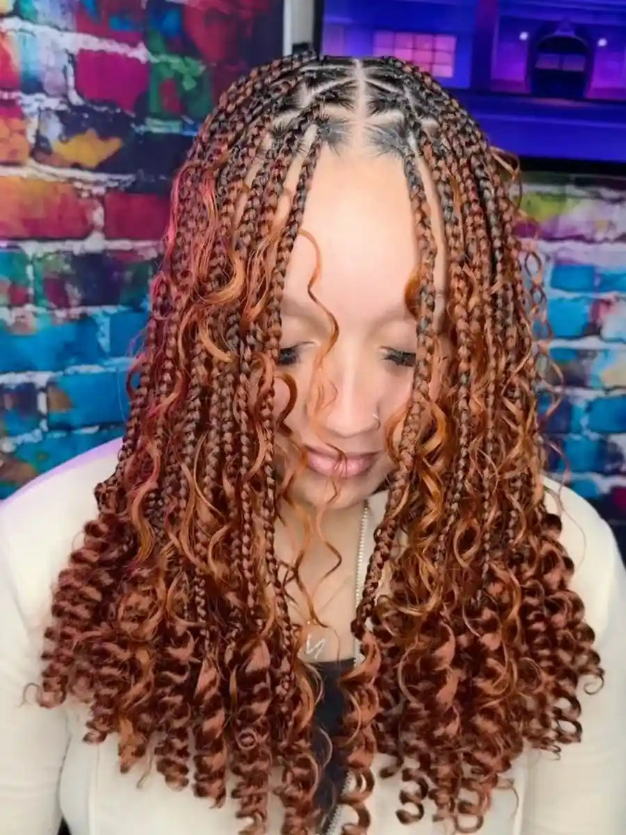 Copper boho knotless braids with curly ends, hairstylist in Norfolk, VA