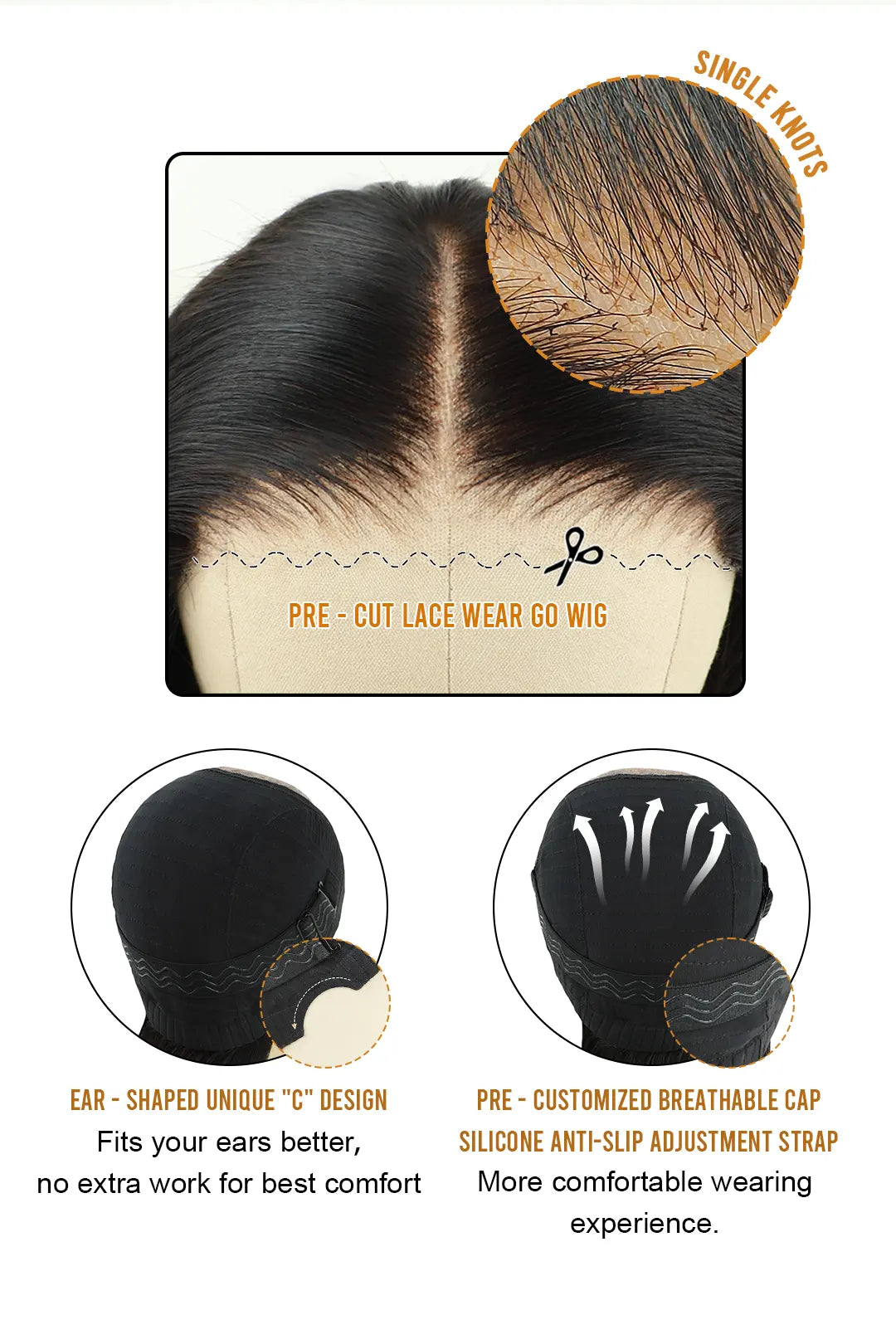 Wear and Go Peluca frontal de encaje 6x5 Cabello humano liso Negro natural