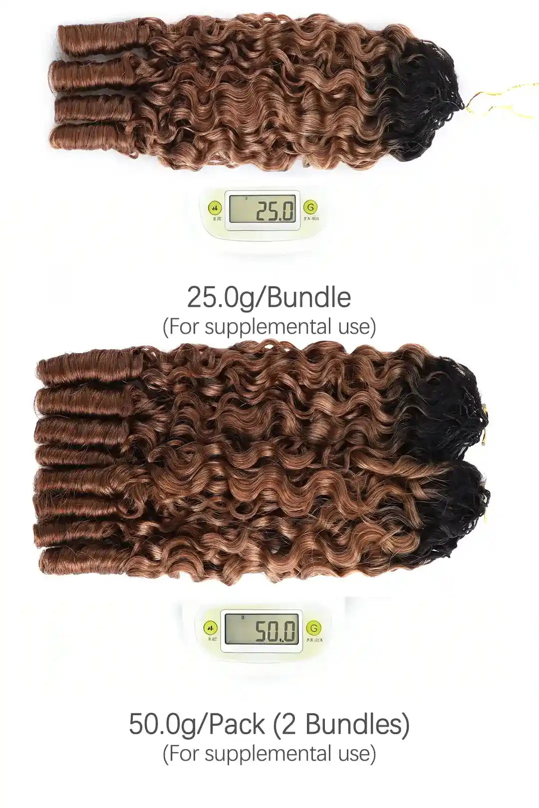 Weight image of auburn brown ombre burmese curly with spiral curls feather crochet hair T1B/30 human hair