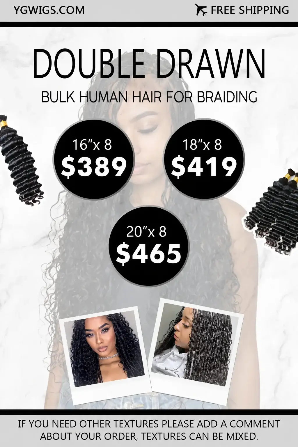 Ygwigs 8-Pack Double Drawn Bulk Hair Kit 8 Curly Styles Natural Black