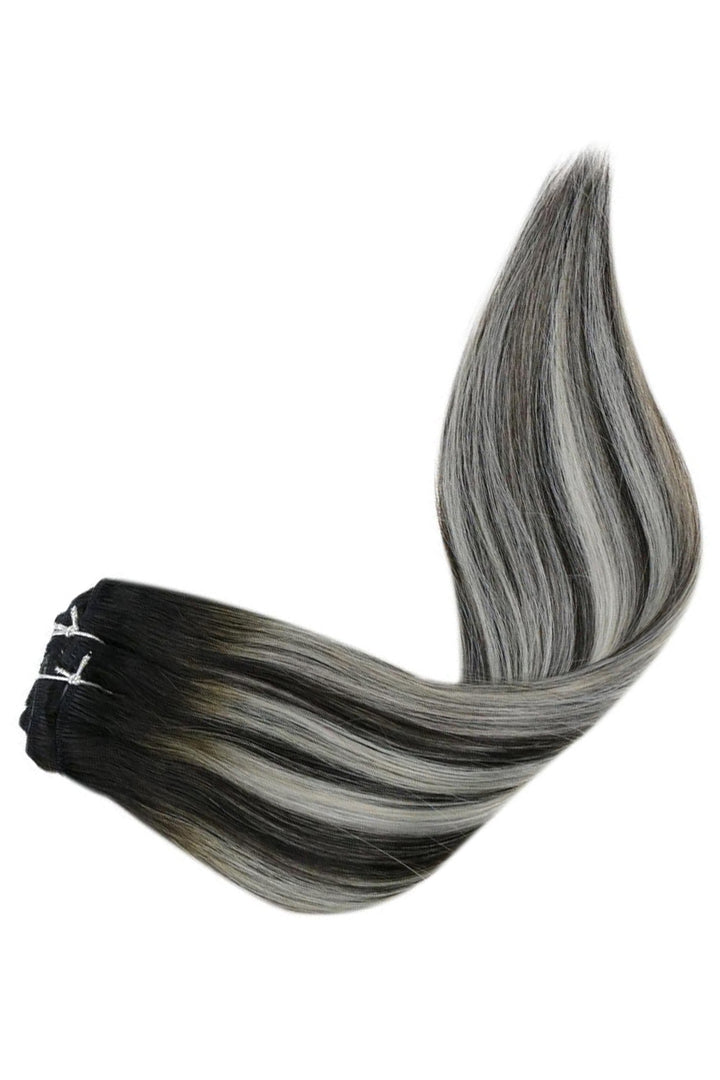 Extensions de cheveux humains à clips couleur piano 1b/argent pour cheveux fins