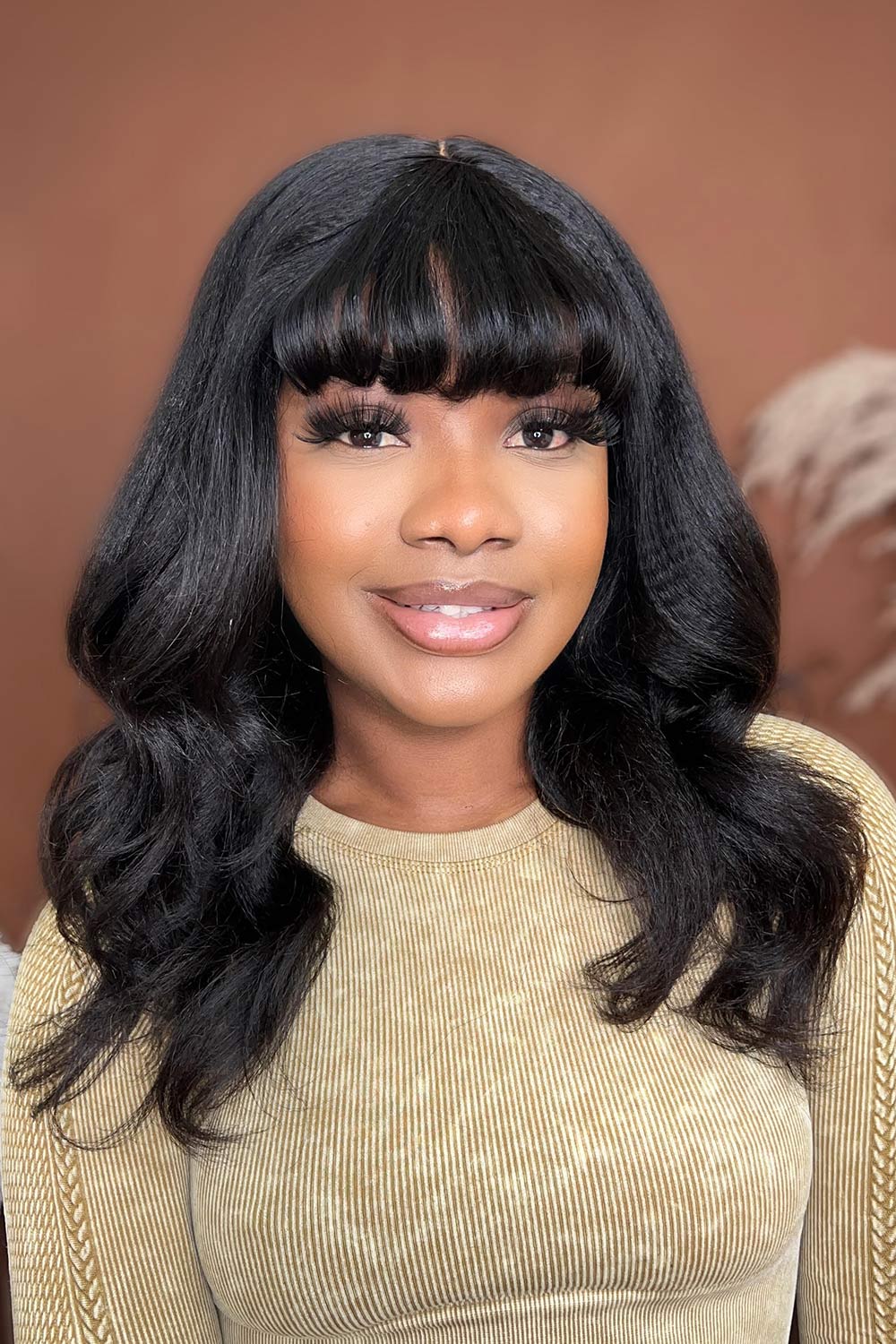 Non-Lace Scalp Top Wigs Yaki Wave with Bangs Virgin Human Hair