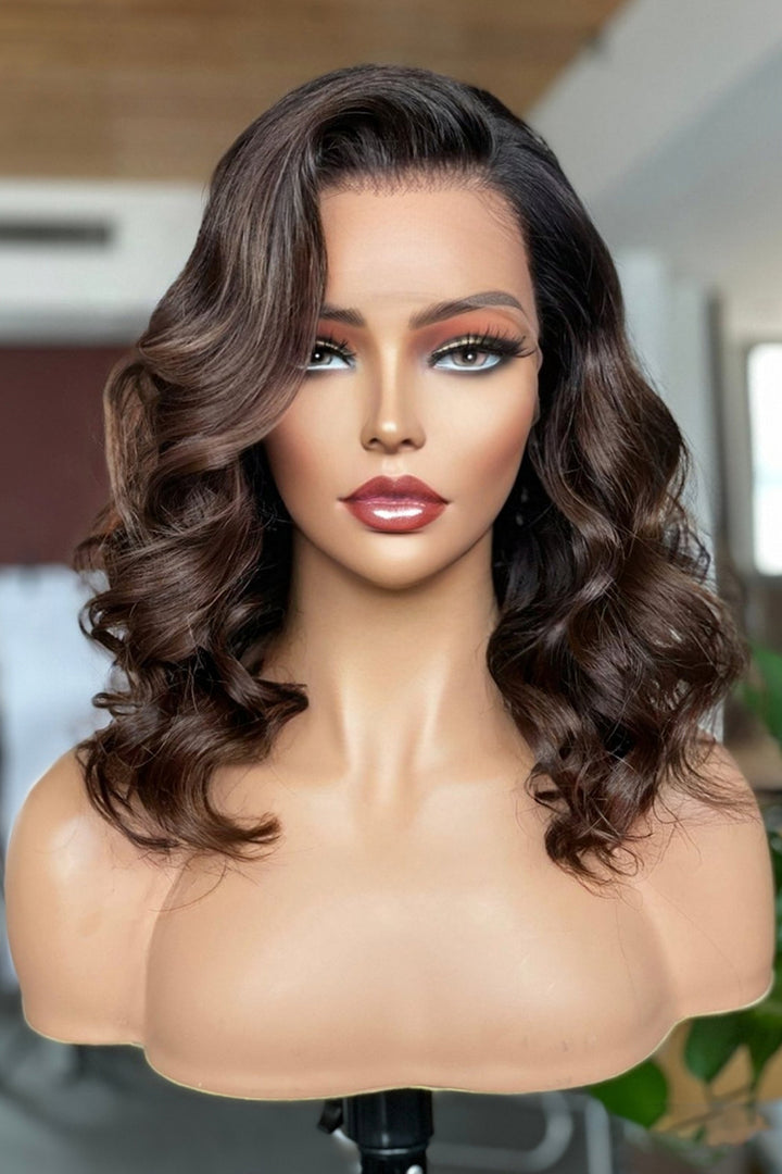 Glueless 13x6 HD Lace Wig14 Inch Bob Ombre Brown Wave Fake Scalp