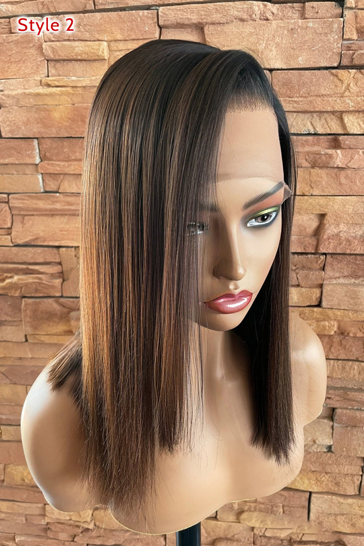 Glueless 13x6 HD Lace Wig14 Inch Bob Ombre Brown Wave Fake Scalp