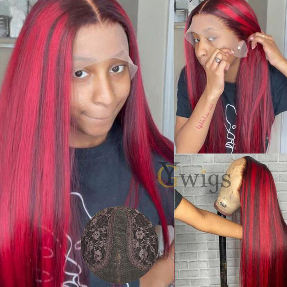 Glueless Hd Lace Wig Long Black Red Burgundy Highlight Straight