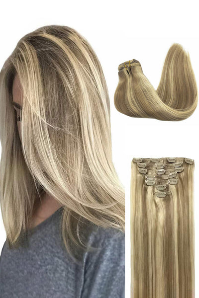 Aufgehellte Clip-in-Extensions, blond mit blonden Highlights
