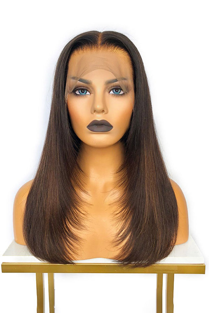 13*6 HD Lace Glueless Straight Feather Ombre Brown Fake Scalp Wigs