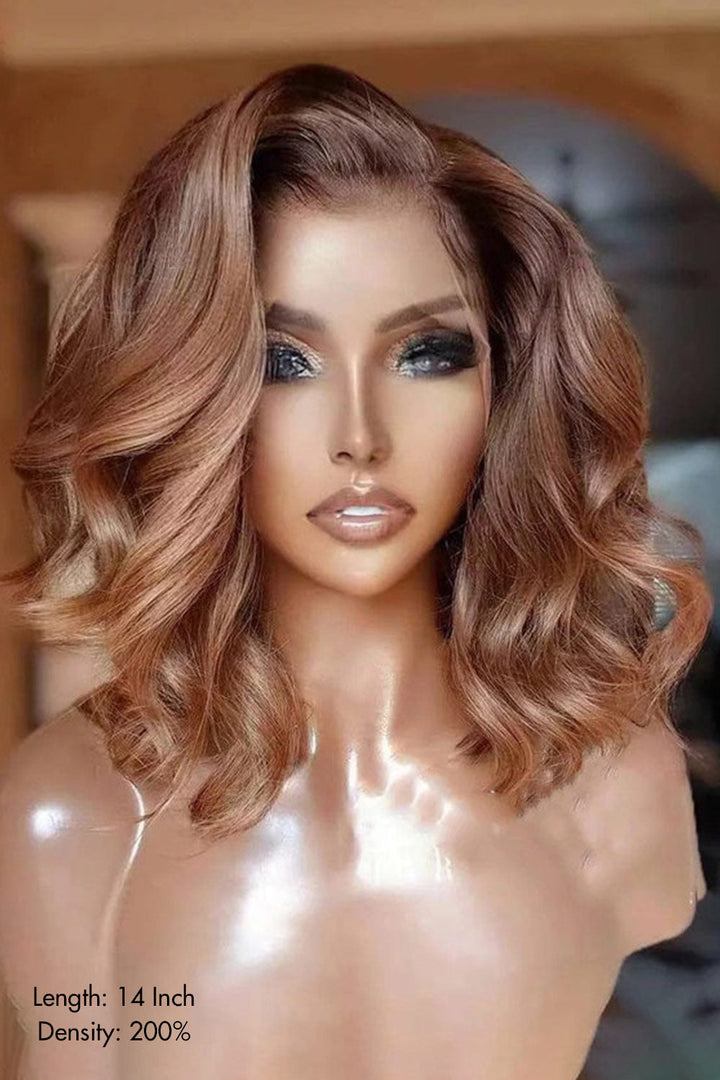 Glueless HD Lace Wig Light Brown Red Side Part Wave 14 inch Bob