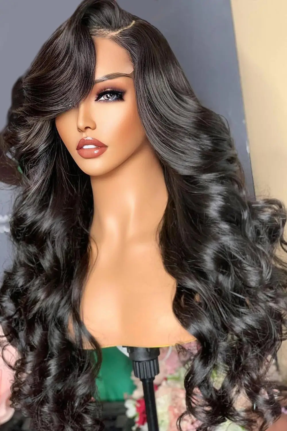 Long Body Wavy Wig with Bangs Glueless Lace Front Black  display picture 1