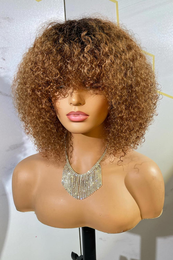 Jerry Curly Non Lace Scalp Top Human Hair Wigs with Bang MM17-1
