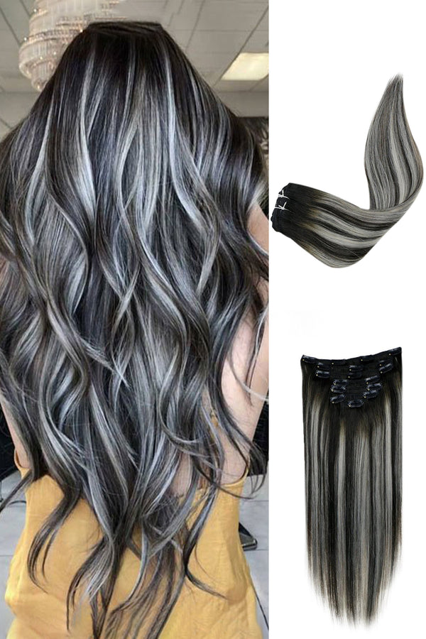 Extensions de cheveux humains à clips couleur piano 1b/argent pour cheveux fins