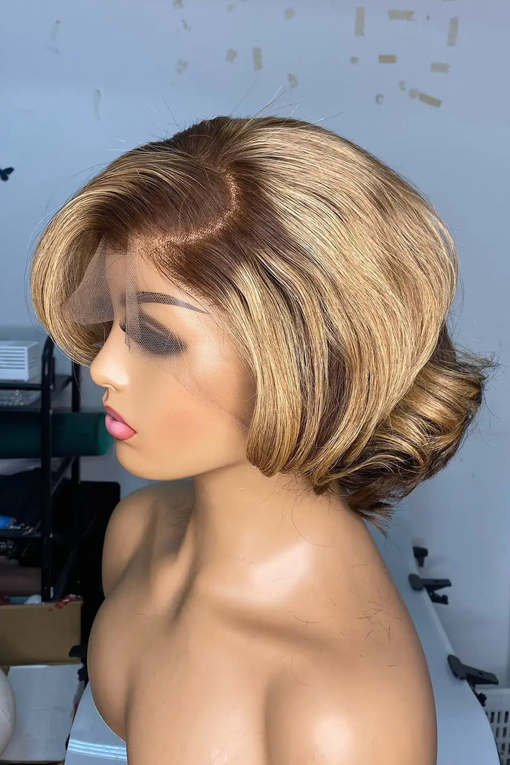 Designer Wigs-13x6 Light Brown Lace #4 #27 Color Pixie Bob Wigs