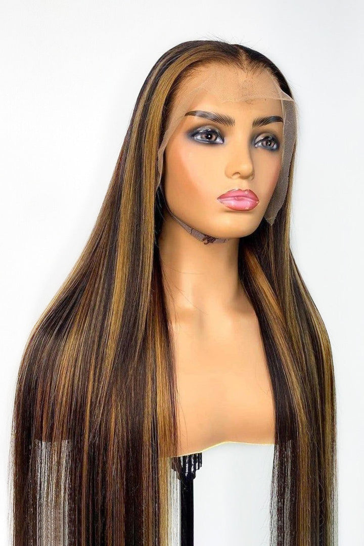 13x6 Glueless Hd Straight Lace Front Brown Wig with Blonde Highlights