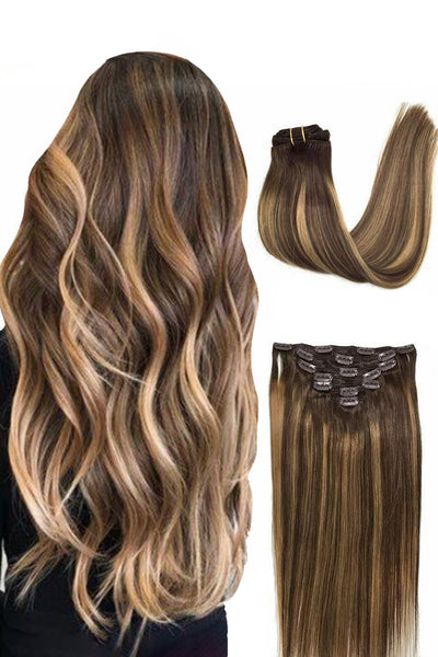 Klipp-Insatz Verlängerungen Spitze Rand Doppel Fäden Braun Mit Blond Highlights 