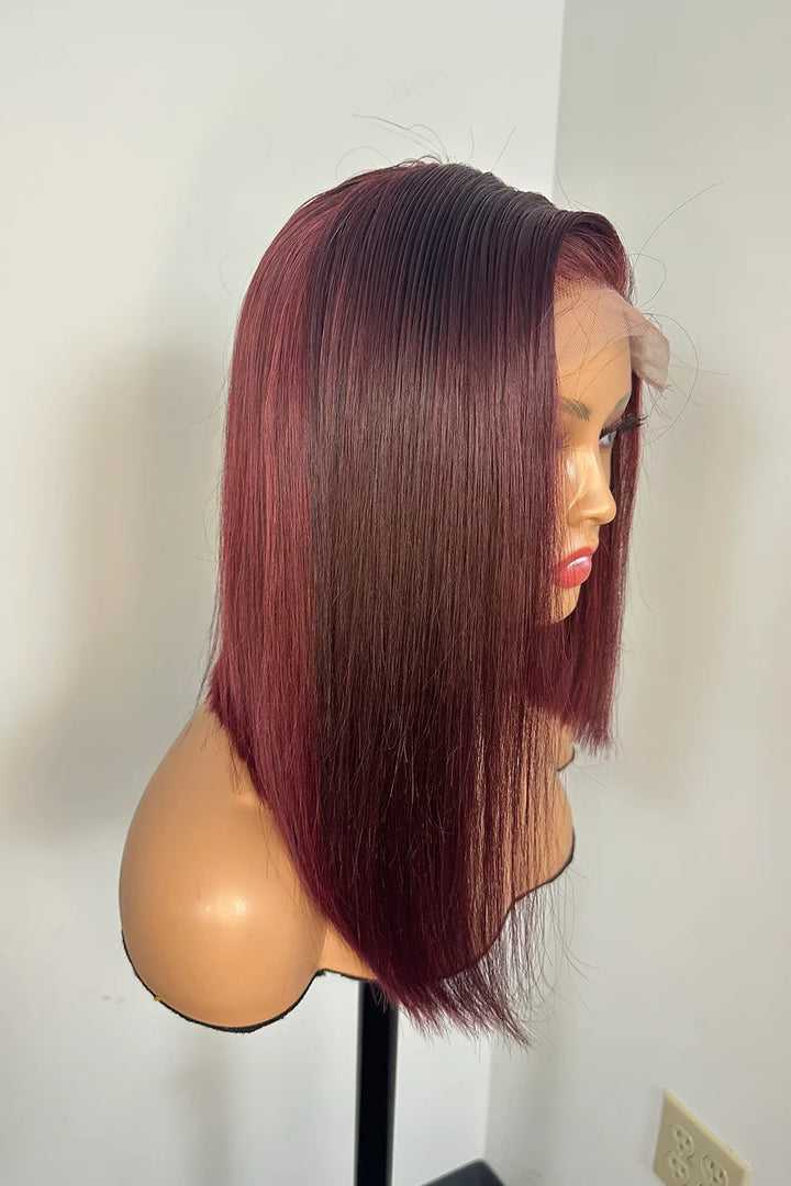 Designer Wigs-Patricia Burgundy Reddish Side Part Minimalist 5x5 Lace Bob Wig