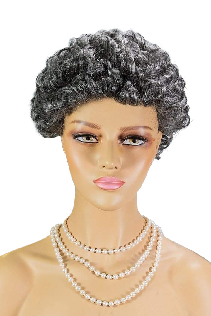 Short Salt & Pepper Curly Bob Wig For Lady Non Lace Human Hair MM03