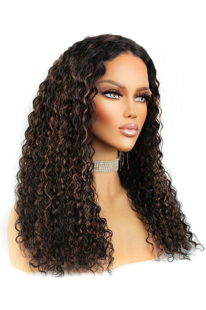 T Part Lace Wig Highlight Brown Curly-TP14
